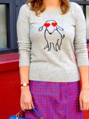 J. Crew Light Gray wool blend Crewneck dog Sweater with Red Heart Sunglasses